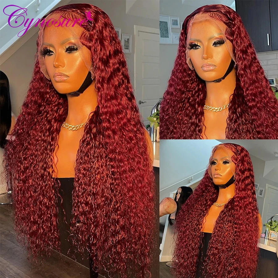 13x4 Deep Curly Lace Frontal Wig Transparent 99J Burgundy Cynosure Lace Front Wigs Red Colored HD Deep Wave Human Hair Wigs