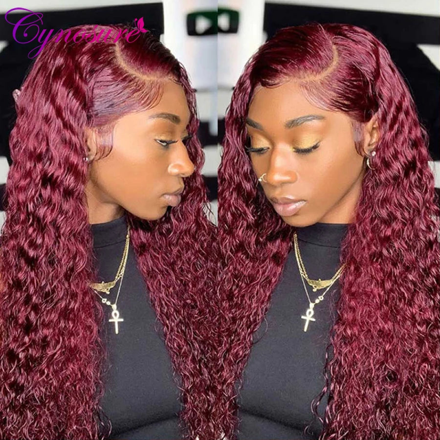 13x4 Deep Curly Lace Frontal Wig Transparent 99J Burgundy Cynosure Lace Front Wigs Red Colored HD Deep Wave Human Hair Wigs