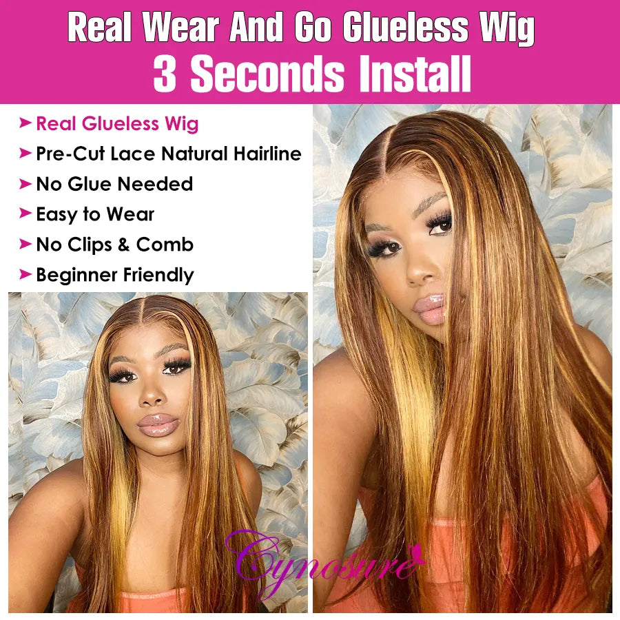 Cynosure Hair Glueless Wig Human Hair Ready to Wear Pre plucked Straight Highlight Human Hair Wig HD Lace Frontal Wig For Women