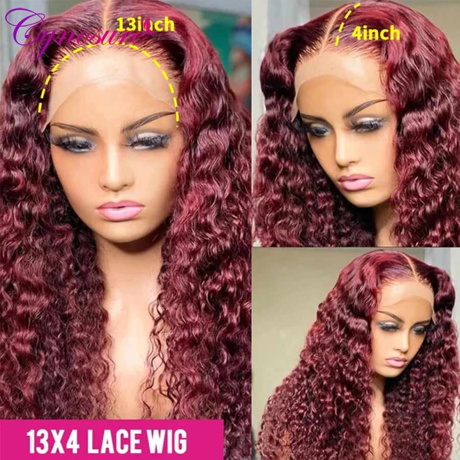 13x4 Deep Curly Lace Frontal Wig Transparent 99J Burgundy Cynosure Lace Front Wigs Red Colored HD Deep Wave Human Hair Wigs