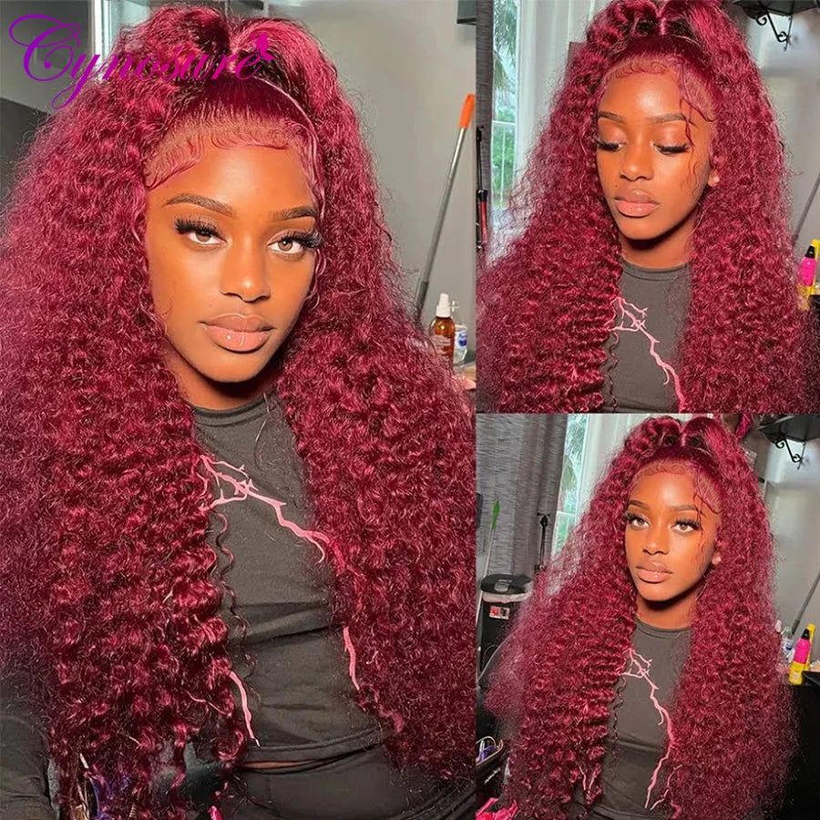 13x4 Deep Curly Lace Frontal Wig Transparent 99J Burgundy Cynosure Lace Front Wigs Red Colored HD Deep Wave Human Hair Wigs