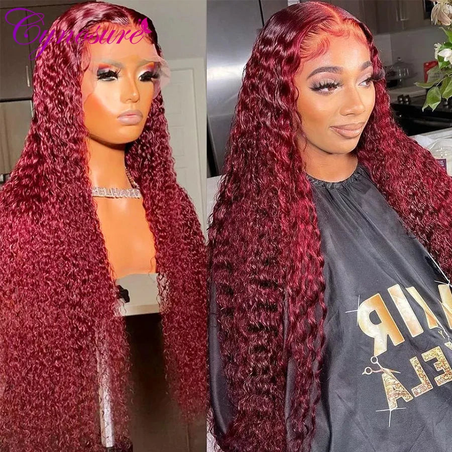 13x4 Deep Curly Lace Frontal Wig Transparent 99J Burgundy Cynosure Lace Front Wigs Red Colored HD Deep Wave Human Hair Wigs