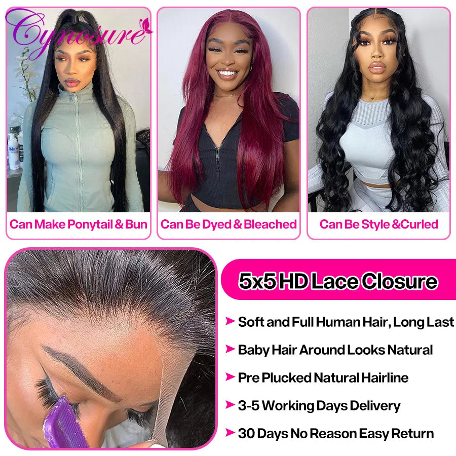 Cynosure 5x5 Lace Closure Wig Brazilian Straight HD Transparent Lace Front Wig For Black Women 18-30 inch Remy Human Hair Wigs