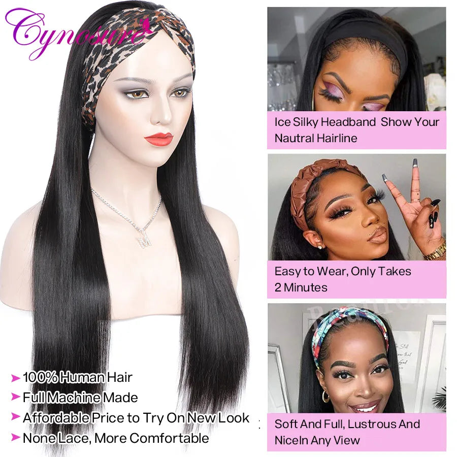 Cynosure Headband Wig Human Hair Glueless Brazilian Straight Human Hair Wigs For Black Women Remy Full Machine Made Wavy Hair