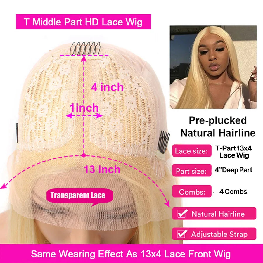 Cynosure 613 Blonde T Part HD Transparent Lace Front Human Hair Wigs For Black Women Brazilian Straight 13x4x1Lace Frontal wigs