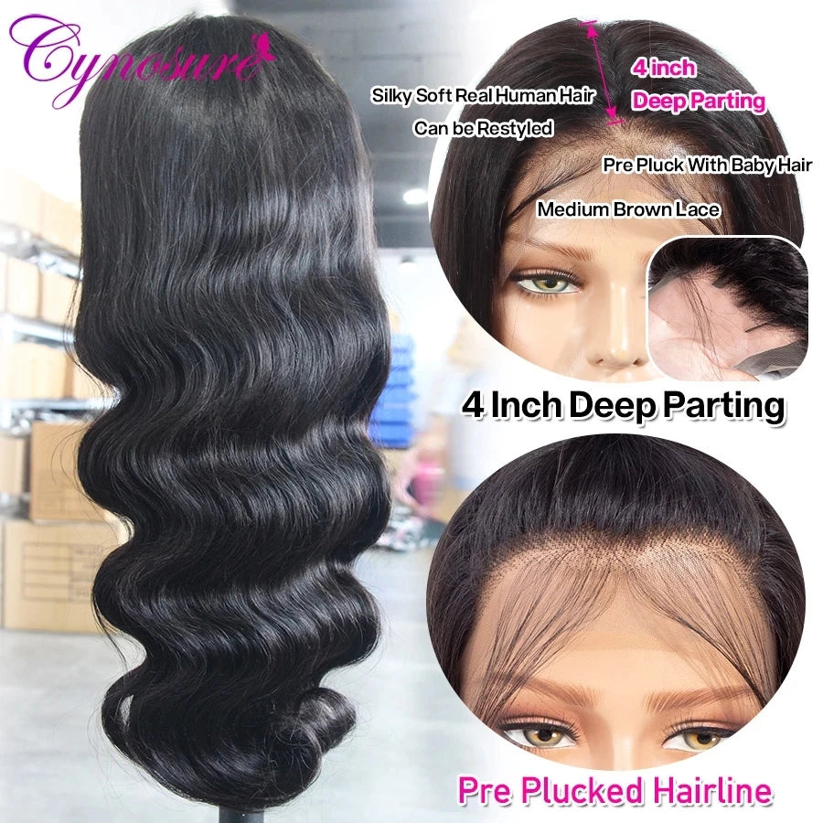 Cynosure Body Wave Lace Front Wig Transparent Lace Frontal Wigs Preplucked Brazilian 4x4 Lace Closure Wig Remy Human Hair Wig