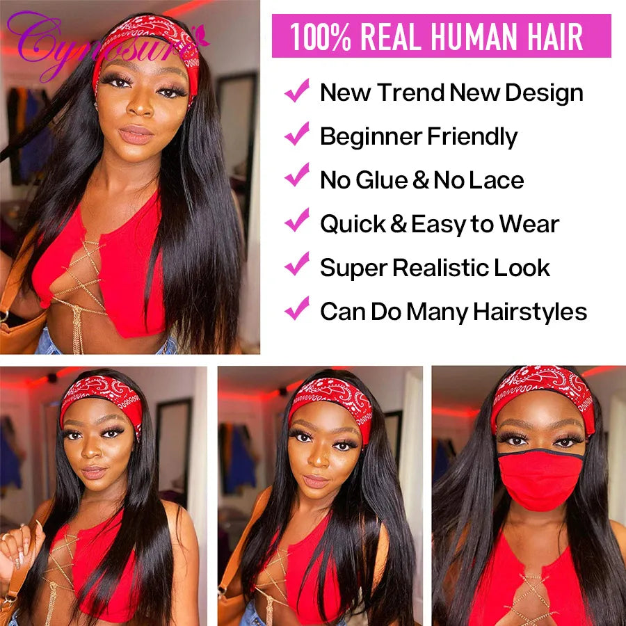 Cynosure Headband Wig Human Hair Glueless Brazilian Straight Human Hair Wigs For Black Women Remy Full Machine Made Wavy Hair