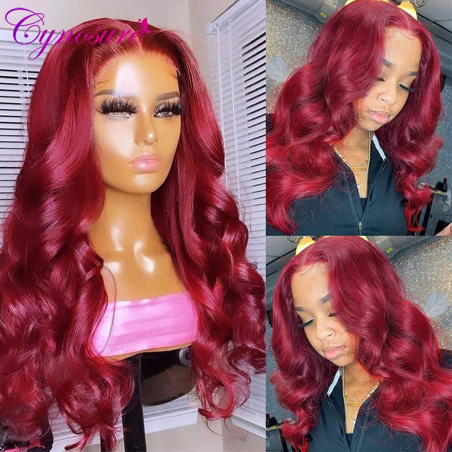 Cynosure Burgundy 99J Color 13x4 Lace Front Wigs For Women Remy PrePlucked Brazilian Body Wave Human Hair Wig With Bady Hair