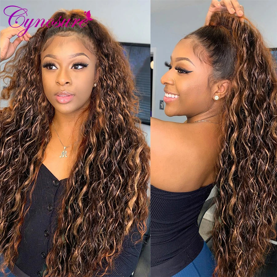 Cynosure #4/30 Highlight Lace Front Human Hair Wigs For Black Women T Middle Part Brazilian Water Wave Lace Frontal Wig Remy