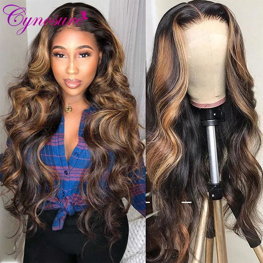 Cynosure HD Transparent Highlight Colored Human Hair Wigs For Black Women Pre Plucked T Middle Part Lace Front Human Hair Wigs