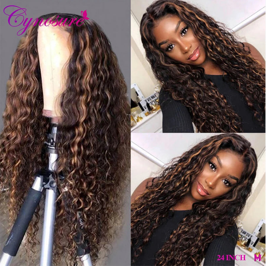 Cynosure #4/30 Highlight Lace Front Human Hair Wigs For Black Women T Middle Part Brazilian Water Wave Lace Frontal Wig Remy