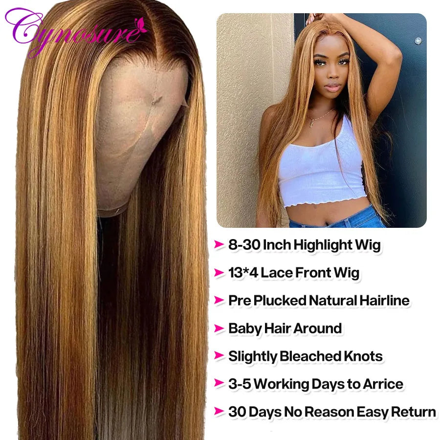 Cynosure HD Transparent Highlight Lace Front Human Hair Wigs For Women 4X4 Brazilian Straight Lace Closure Wig Lace Frontal Wig