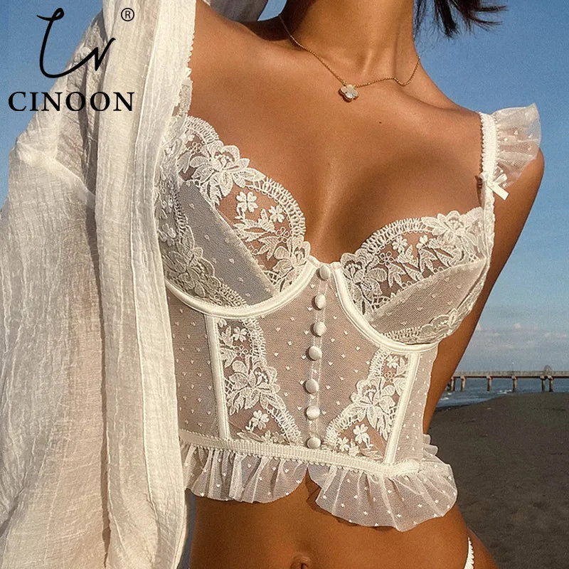 CINOON French Embroidery Lace Women's Bra Top Sweet Female Wedding White Bralette Vest Sexy Corset Bras Comfortable Intimates