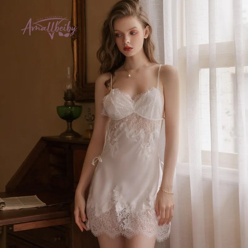 Beauty Back Lingerie Eyelash Lace Sling Nightdress Vintage Nightgowns Sexy Sleepwear Silk Dress Women Night Gown Sleep Tops