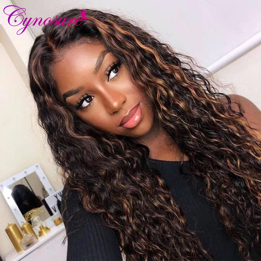 Cynosure HD Transparent Lace Front Human Hair Wigs for Women Highlight Ombre T Part Brazilian Water Wave Hair Lace Frontal Wigs