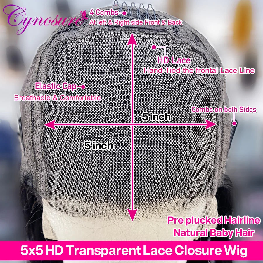 Cynosure 5x5 HD Transparent Lace Closure Wig For Women Remy Human Hair Brazilian Straight Lace Front Wig HD Lace Frontal Wig