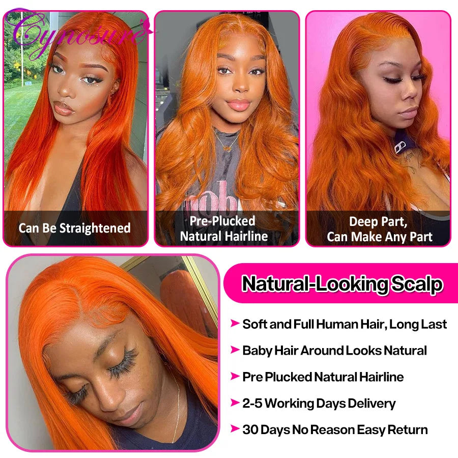 Cynosure Orange Ginger Color 13x4 Lace Front Wigs Pre Plucked Brazilian Wavy Human Hair Wig 180% Density Remy Glueless Lace Wig