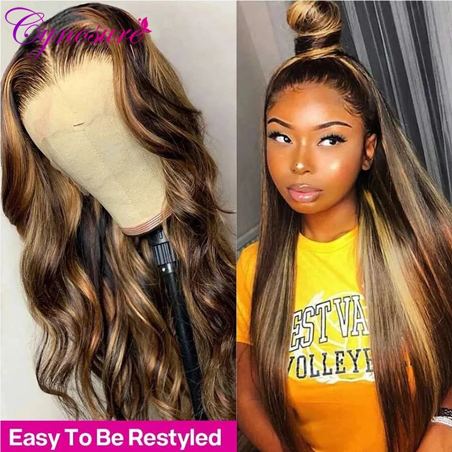 Highlight Wig Brown Colored Human Hair Wigs for Women Ombre Straight Lace Front Wig Highlight T Part HD Lace Frontal Wig Cynosur