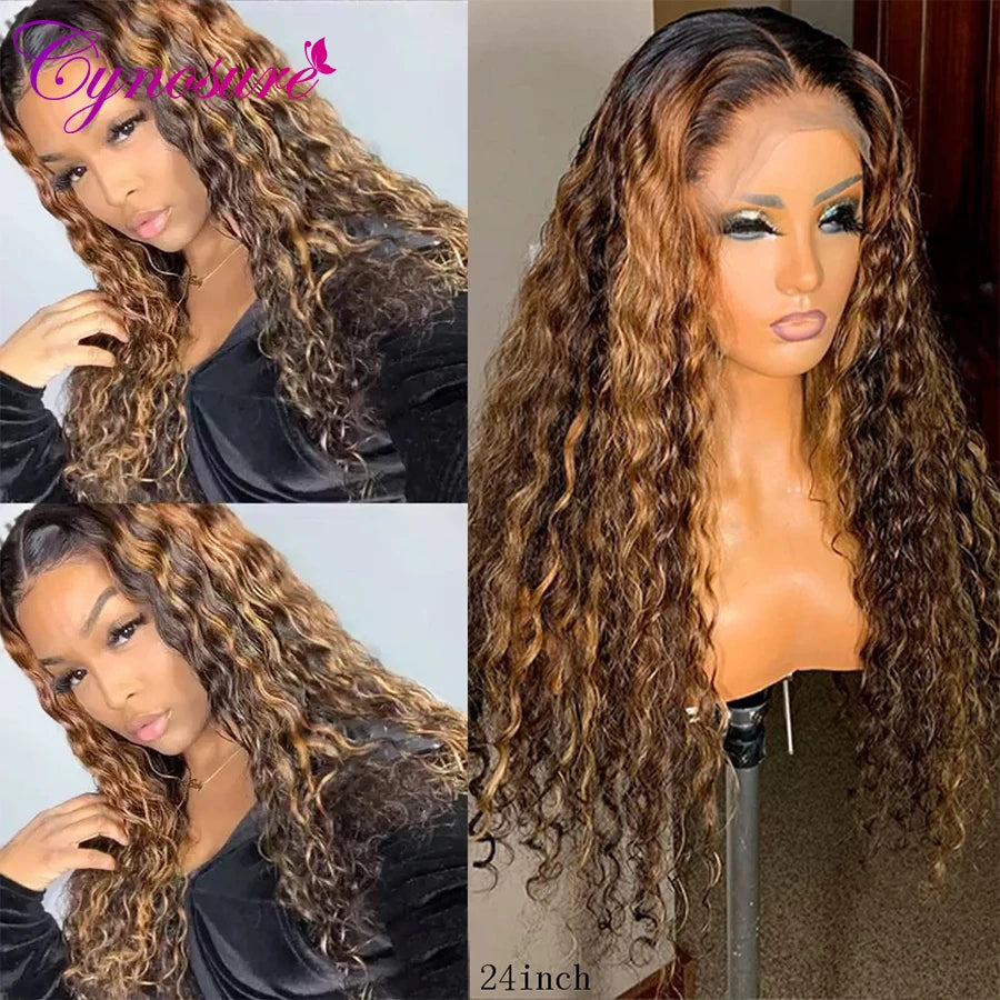 Cynosure #4/30 Highlight Lace Front Human Hair Wigs For Black Women T Middle Part Brazilian Water Wave Lace Frontal Wig Remy