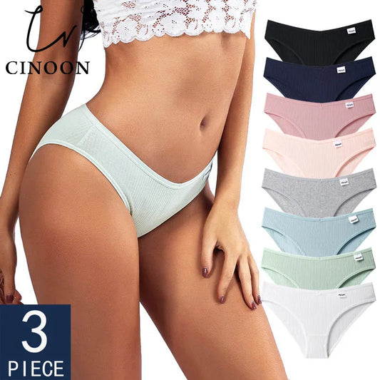 CINOON 3PCS/Set Women's Panties Striped Cotton Underwear Solid Color Briefs Low-Rise Soft Panty Women Underpants Female Lingerie