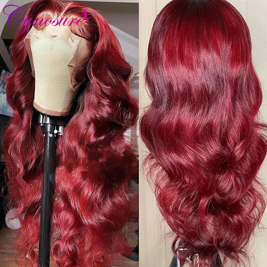 Cynosure Burgundy 99J Color 13x4 Lace Front Wigs For Women Remy PrePlucked Brazilian Body Wave Human Hair Wig With Bady Hair