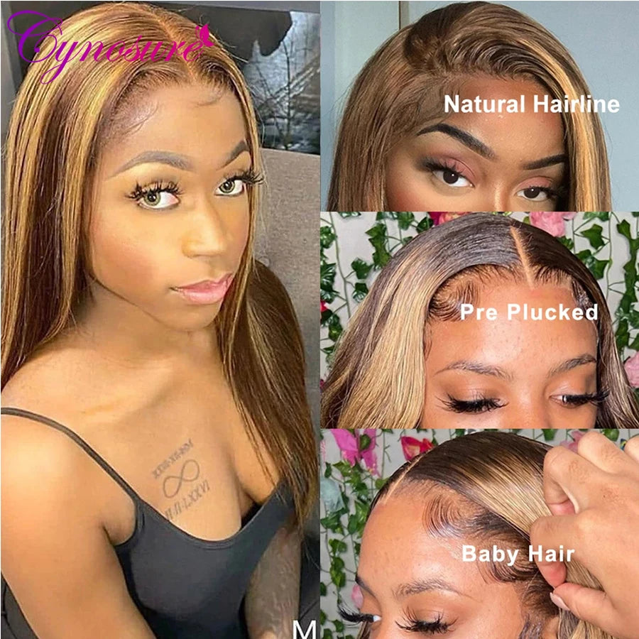 Highlight Wig Brown Colored Human Hair Wigs for Women Ombre Straight Lace Front Wig Highlight T Part HD Lace Frontal Wig Cynosur