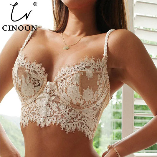 CINOON Sexy Lingerie French Women's underwear Ultra Thin Lace Flower Embroidery Bralette Bra Push up Eyelash Female Underwear