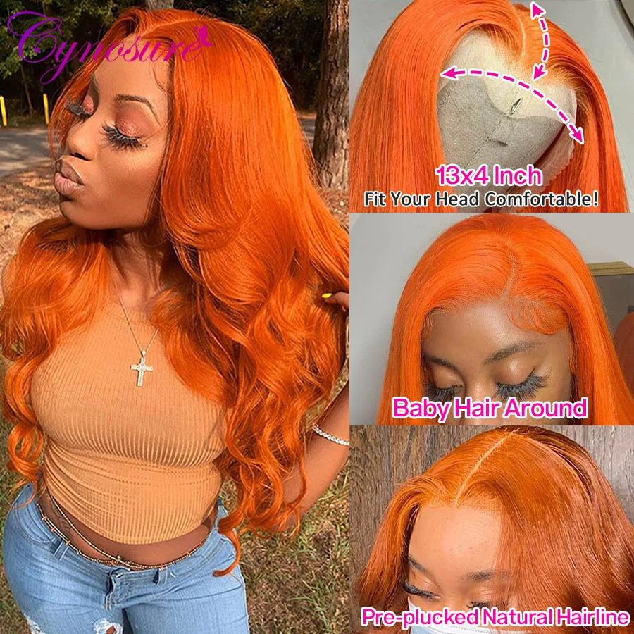 Cynosure Orange Ginger Color 13x4 Lace Front Wigs Pre Plucked Brazilian Wavy Human Hair Wig 180% Density Remy Glueless Lace Wig