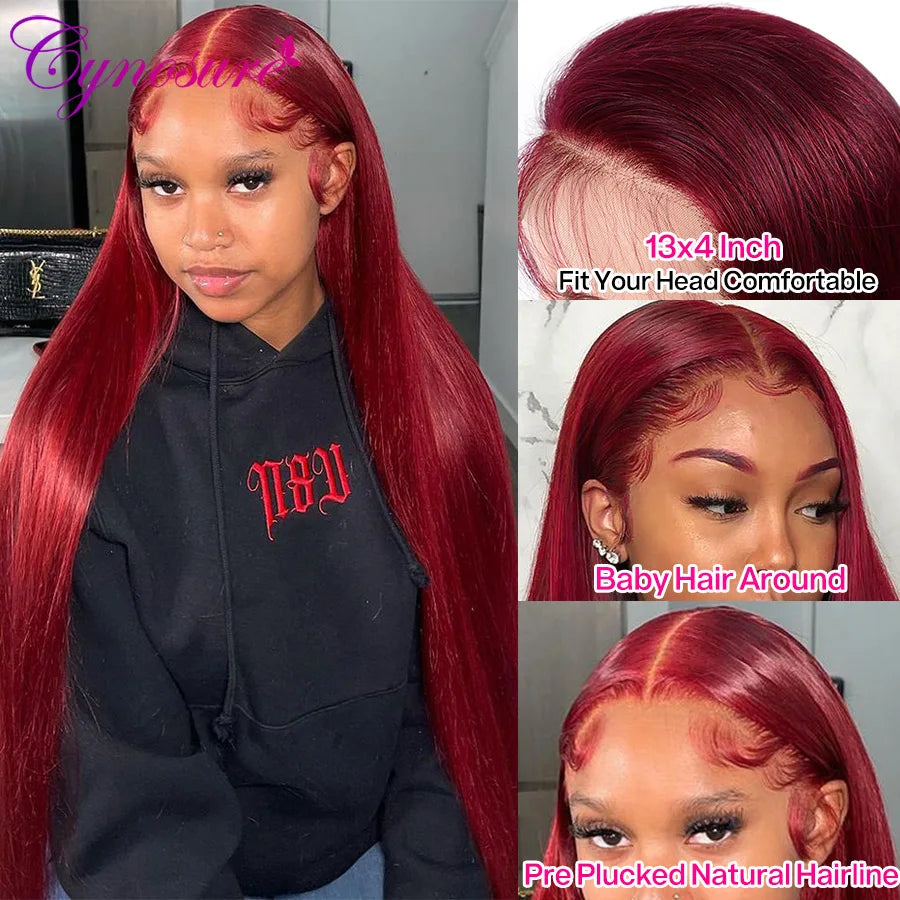 Cynosure Burgundy 13x4 HD Transparent Lace Front Human Hair Wigs 99J Straight Lace Frontal Wig For Women Pre Plucked Remy Hair