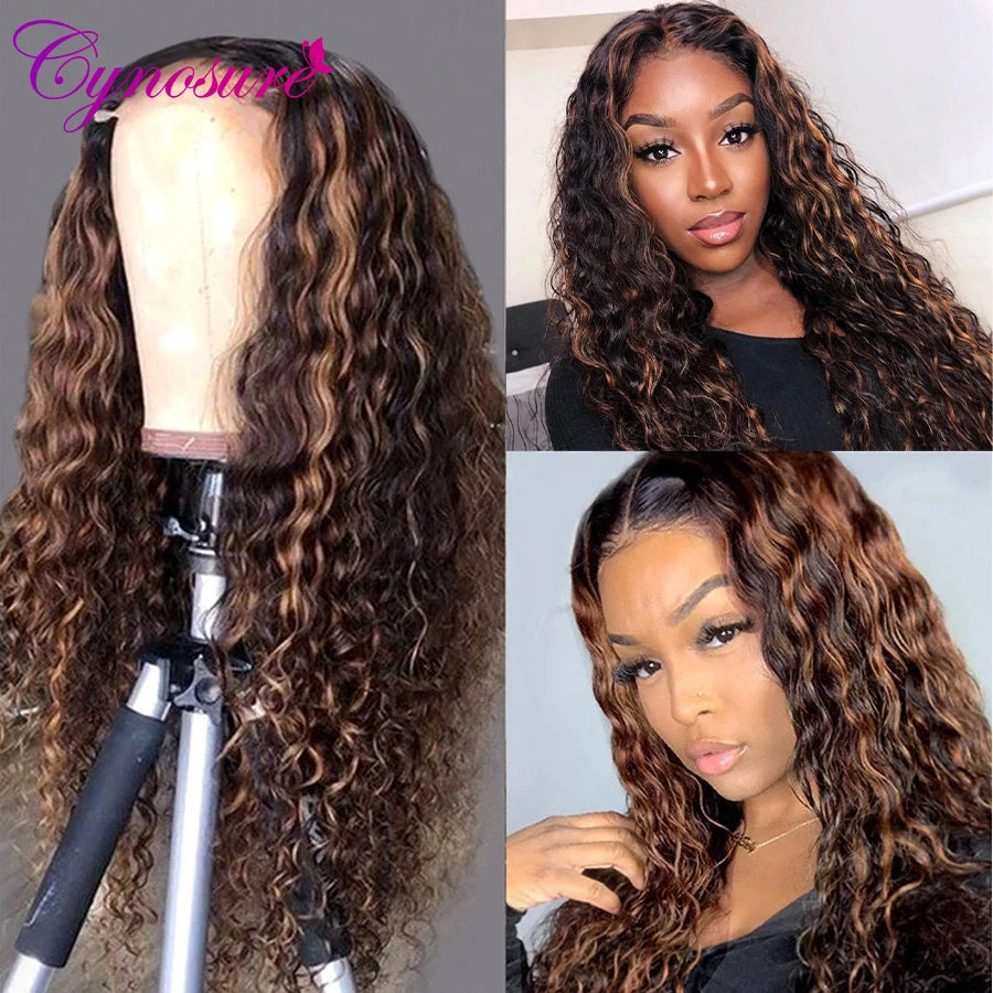 Cynosure HD Transparent Lace Front Human Hair Wigs for Women Highlight Ombre T Part Brazilian Water Wave Hair Lace Frontal Wigs