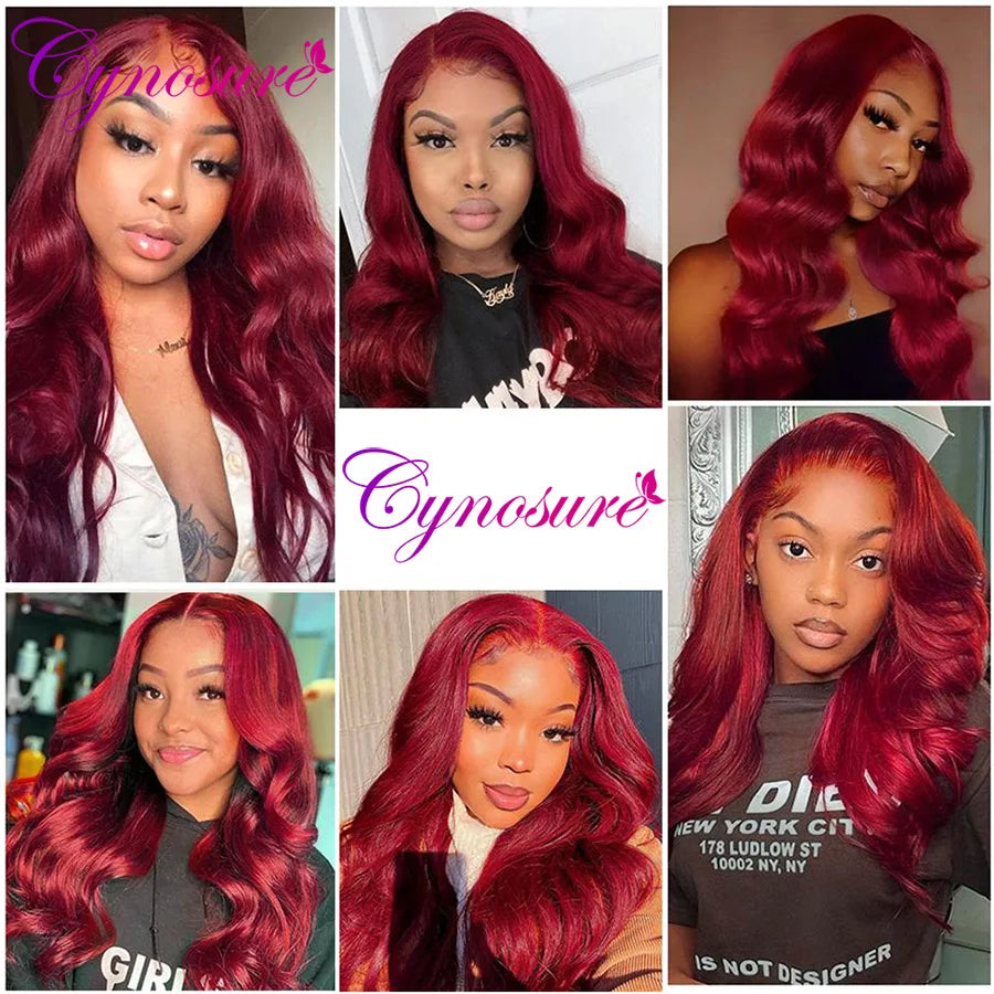 Cynosure Burgundy 99J Color 13x4 Lace Front Wigs For Women Remy PrePlucked Brazilian Body Wave Human Hair Wig With Bady Hair