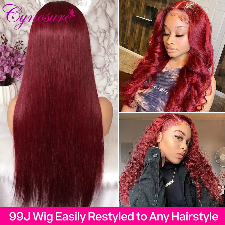 Cynosure Burgundy 99J Straight Lace Front Human Hair Wigs Brazilian 99J 13x4 Lace Front Wig PrePlucked Remy Hair 180% Density