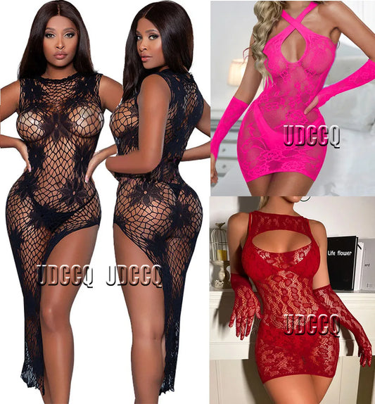 HOT Sexy Fishnet Lingerie Sheer Babydoll dress Underwear Body stocking Chemises Catsuit lace pattern bikini body suit bodysuits