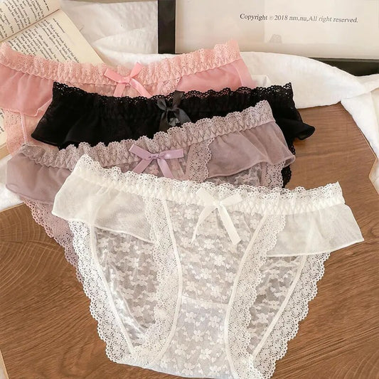 Women Floral Hollow Sexy Lace Panties Low Waist Briefs Sexy Lingerie Women Panties Pink Bow Underpants Female Underwear Intimate