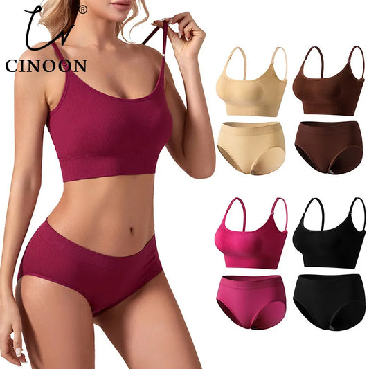 CINOON Sexy Women Seamless Bra Set Low Waist Panties Wire Free Bra Bralette Lingerie Brassiere Backless Female Underwear Set