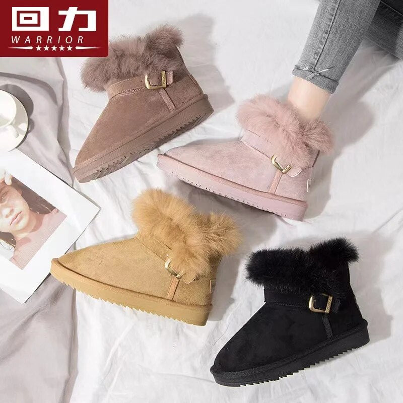 Warrior Womens Snow Booted Winter Keeep Warm Plush Non-slip Outdoors Cotton Shoes Suede Fluffy Fur Women Boots High-quality