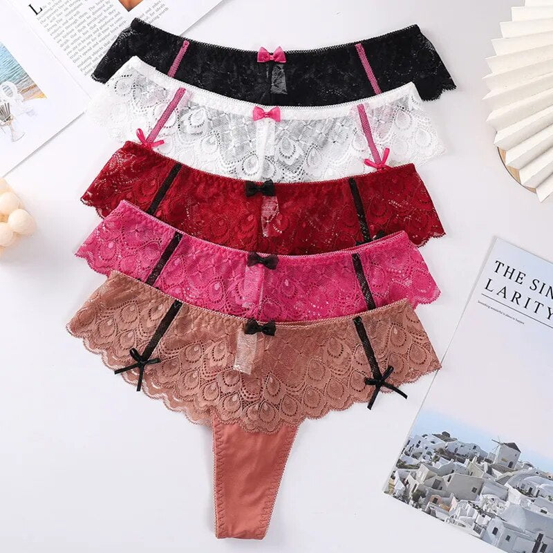 CINOON Sexy Women Lace Panties Low-waist G String Thong Underwear Embroidered Flowers Lingerie Temptation Bow Comfort Intimates