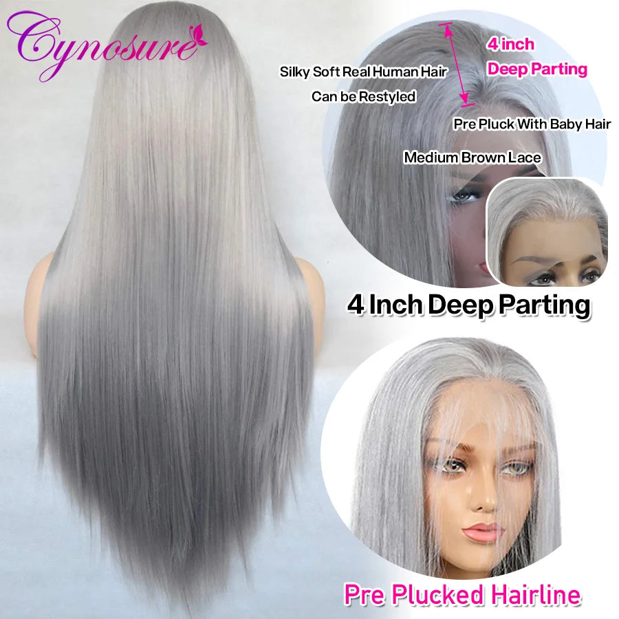 13x4 HD Lace Frontal Wig Preplucked Gray Straight Lace Front Wig Remy Brazilian Silver Grey Colored Human Hair Wigs For Women