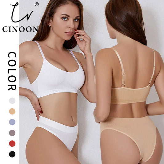 CINOON Seamless Tanks Tops Bras Set Female Underwear Wireless Bra Crop Top Women Low Waist Underpants Soft Bralette Lingerie