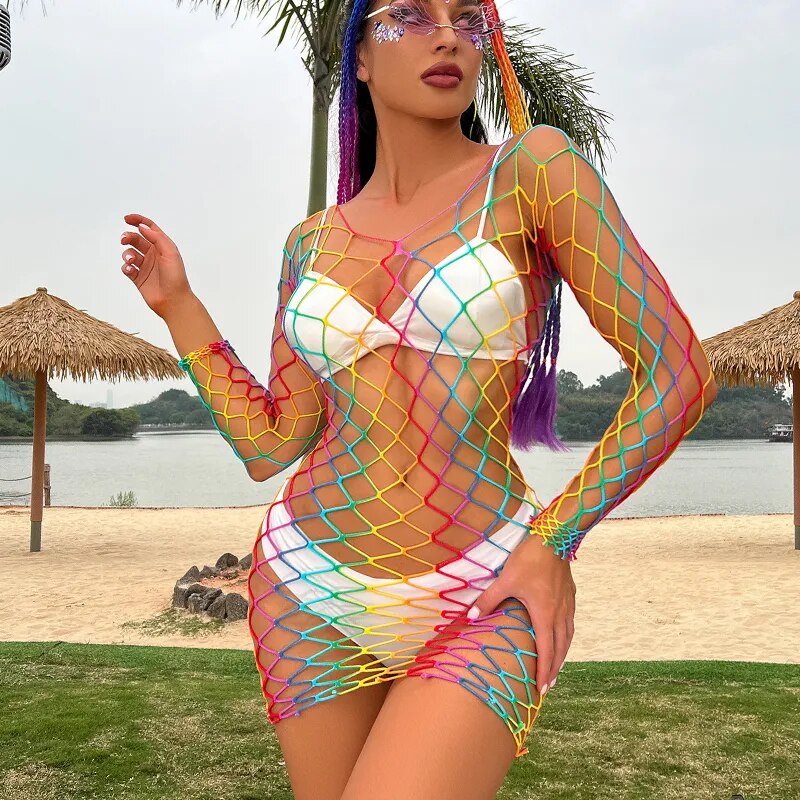 Y2k Rainbow Fishnet Night Dress Summer Hot Bodycon Dress Sexy Erotic Transparent Midi Dress Women Porno Dresses For Women 2022