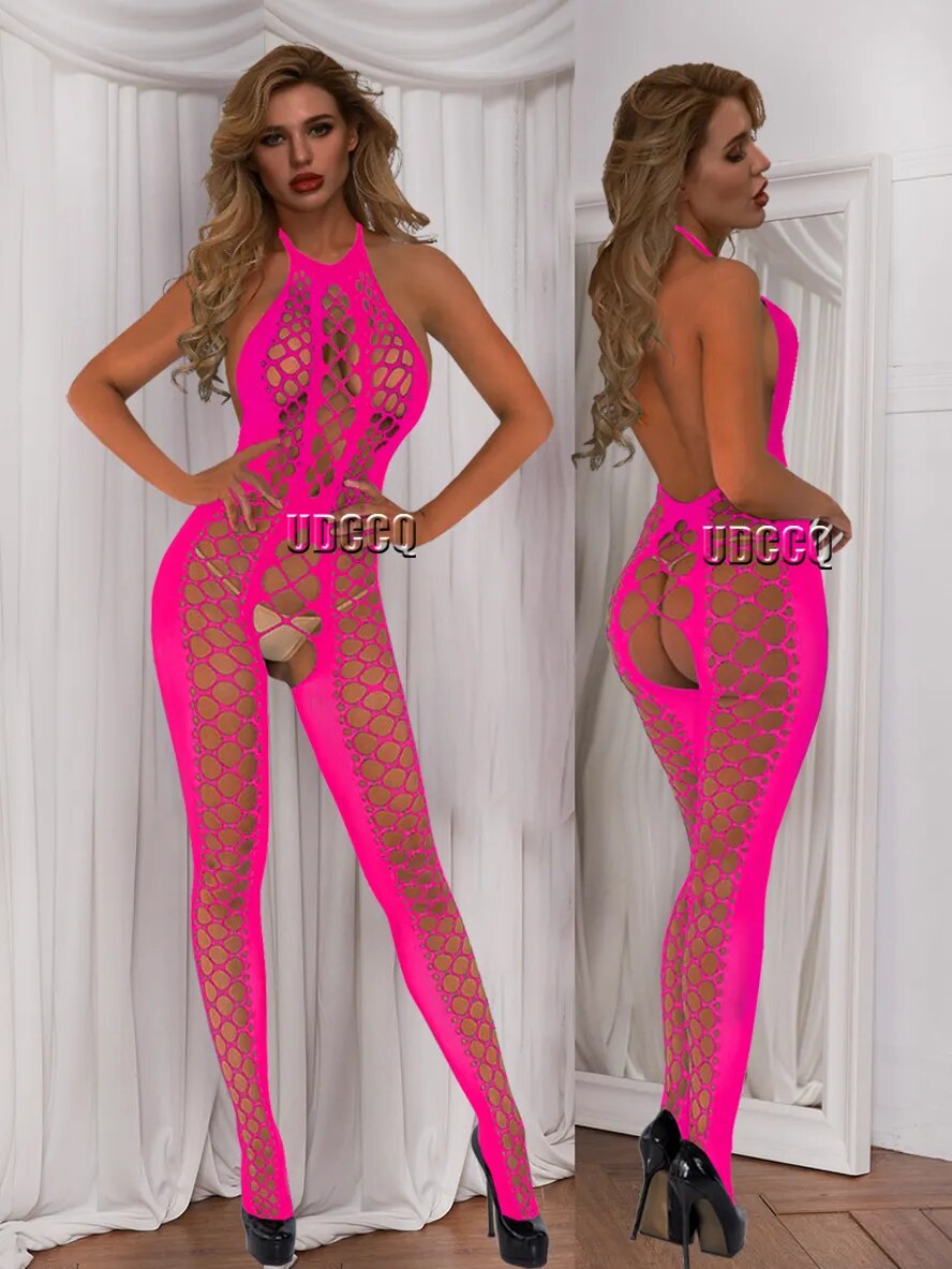 Sexy crochet Fishnet Cosplay Lingerie Babydoll Underwear costumes Chemises Teddies Sleepwear hoot sexy dress fluorescent pink