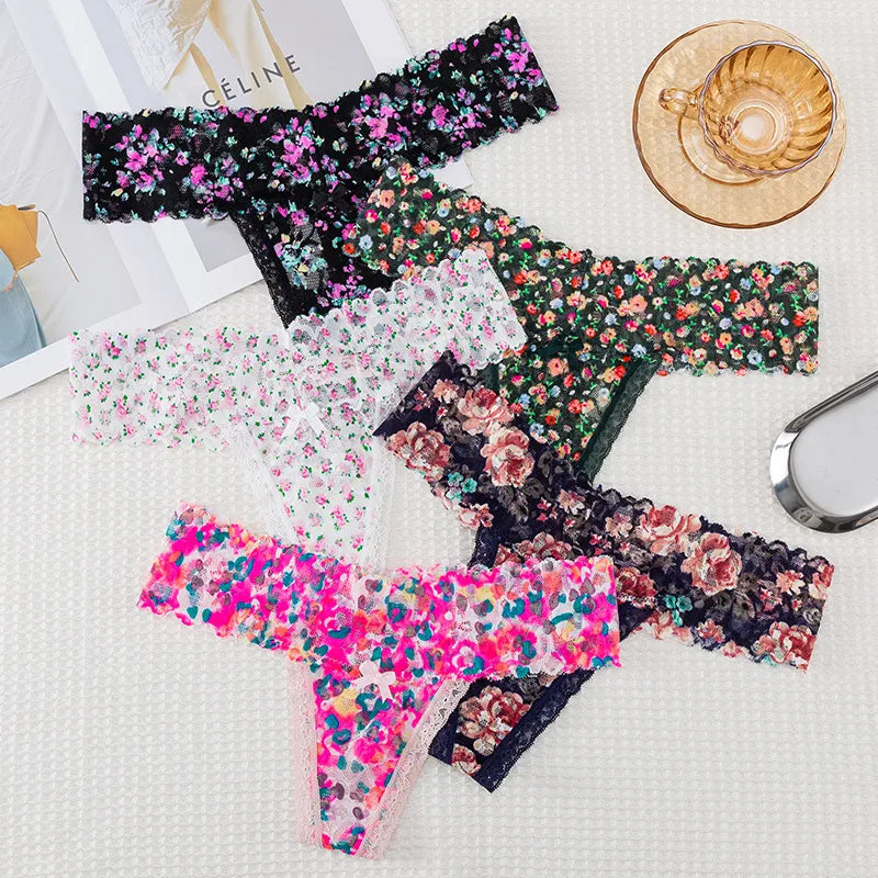 Sexy Floral Underwear Women's Lace Printed G-string Thongs Transparent Sexy Low Waist T Panties Hot Temptation Briefs Lingerie