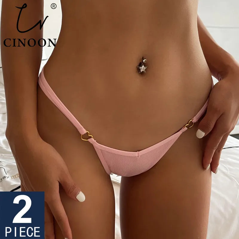 CINOON 2Pcs/Lot Women Cotton Panties Sexy Low Waist Briefs G String Underwear Heart Metal Decoration Underpants Comfort Lingerie