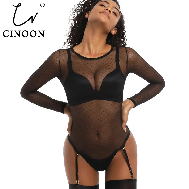 CINOON Long Sleeve Bodycon Bodysuit Women Lace Transparent Female Pullover Black Sexy Bodysuits Femme Pullover Casual Rompers