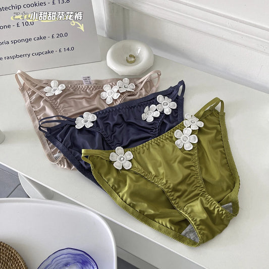 Sexy Thin Belt Women's Panties Satin Three-dimensional Flowers Breathable Comfortable Sweet Cute Low Panties Underwear Women