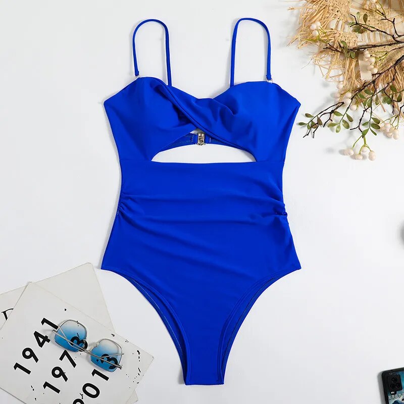 One-piece Bikini Swimsuit Women Sexy Summer Beach Dress Solid Color Print Hollowed Out Bikini Swimwear Women Bathing Suit Women