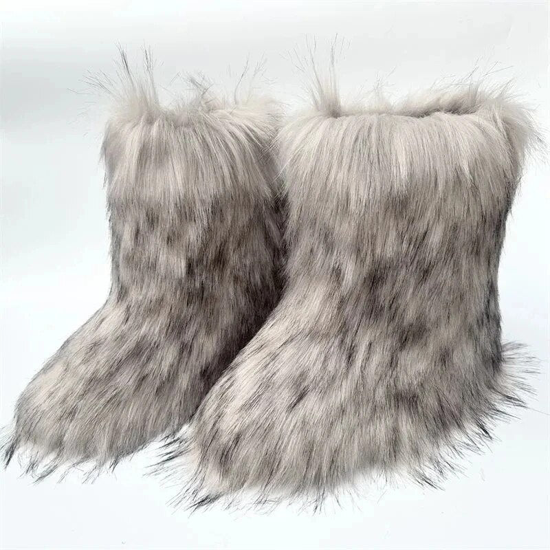 y2k Oversized Snow Boots Winter Faux Fur Plush Elegant Boots For Women Non-slip Rubber Flat zapatos Free Shipping Promotion