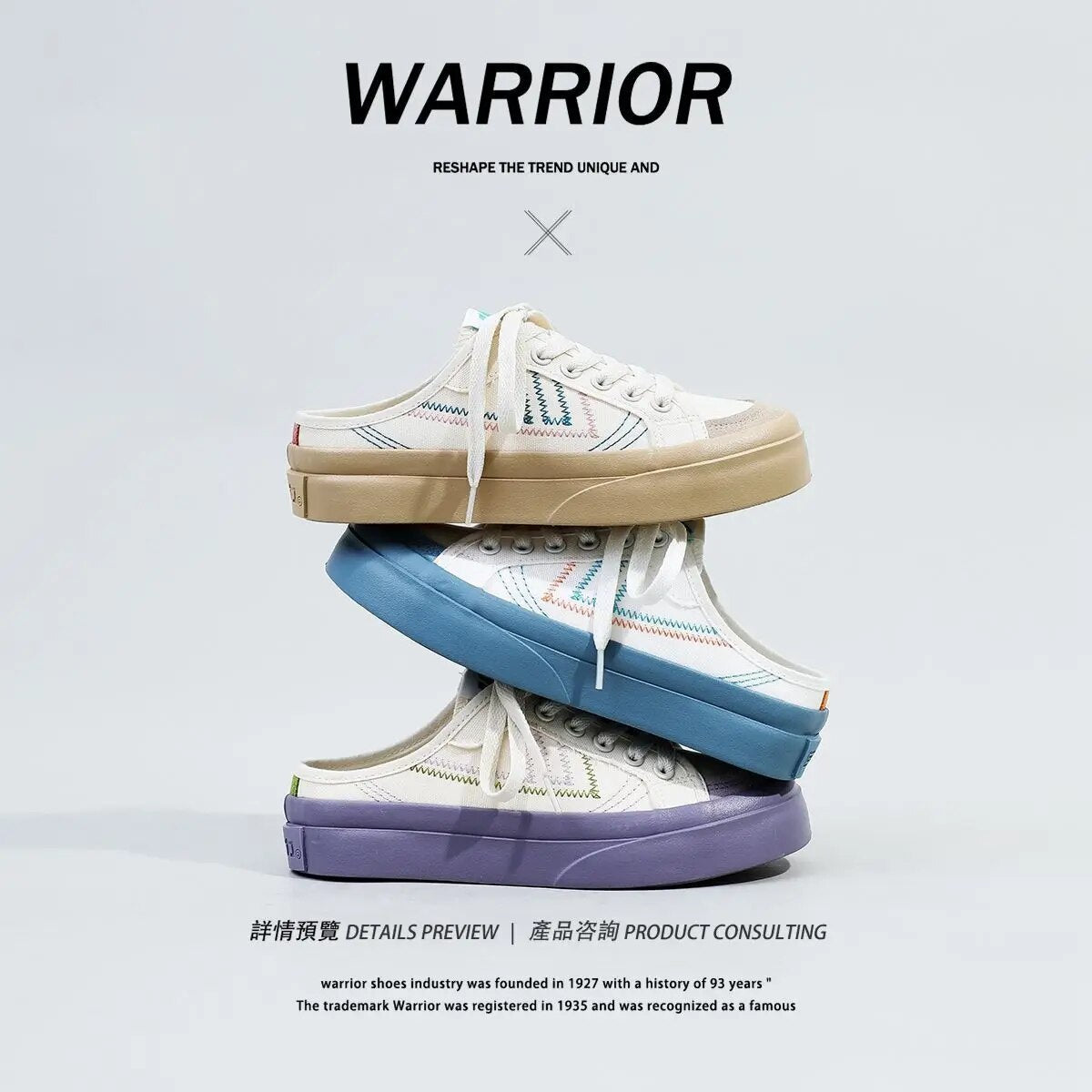 Warrior 2023 New Summer Canvas Shoes For Women Embroider Letters Girls half pack Lazy Sneakers Campus Fashion Skateboard Shoe