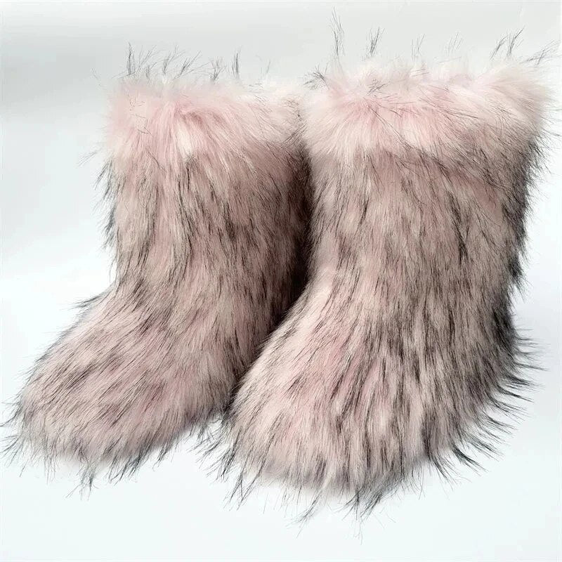 y2k Oversized Snow Boots Winter Faux Fur Plush Elegant Boots For Women Non-slip Rubber Flat zapatos Free Shipping Promotion