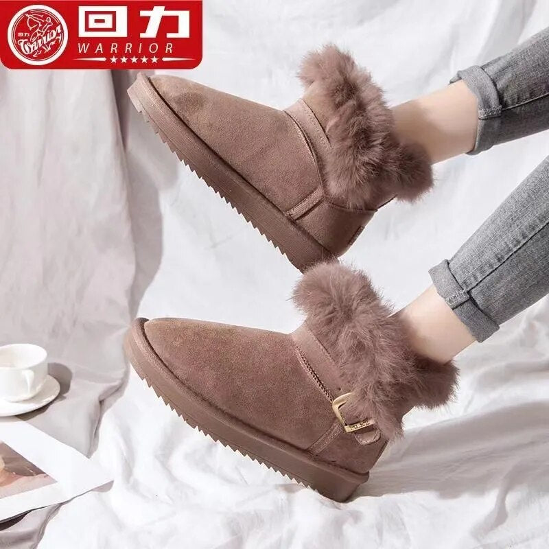 Warrior Womens Snow Booted Winter Keeep Warm Plush Non-slip Outdoors Cotton Shoes Suede Fluffy Fur Women Boots High-quality